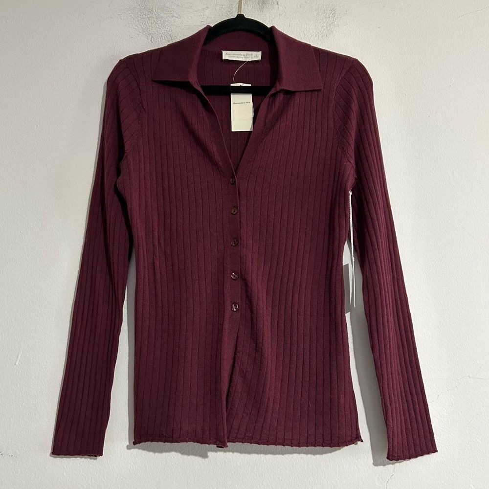 Abercrombie & Fitch 100% Merino Wool Ribbed Collared Sweater Preppy Academia